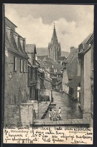AK Weissenburg i. E., Schlupfbrücke, Ortspartie mit Kirchturm