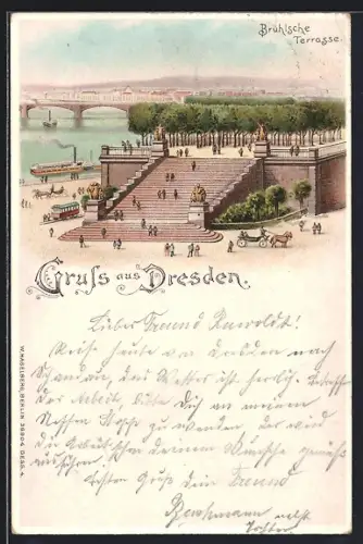 Lithographie Dresden, Blick auf die Brühlsche Terrasse