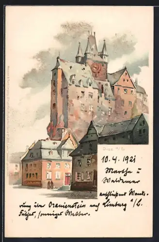 Lithographie Diez a. L., Ortspartie mit Turmgebäude