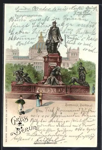 Lithographie Berlin-Tiergarten, Bismark-Denkmal und Reichstagsgebäude