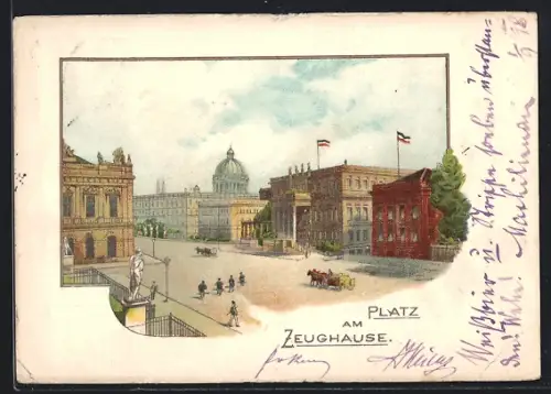 Lithographie Berlin, Platz am Zeughaus aus der Vogelschau