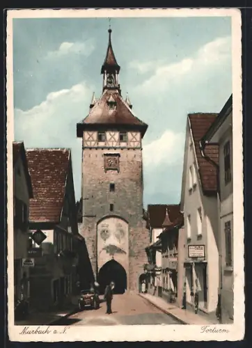 AK Marbach a. N., Sattlerwaren Oskar Hamer, Torturm