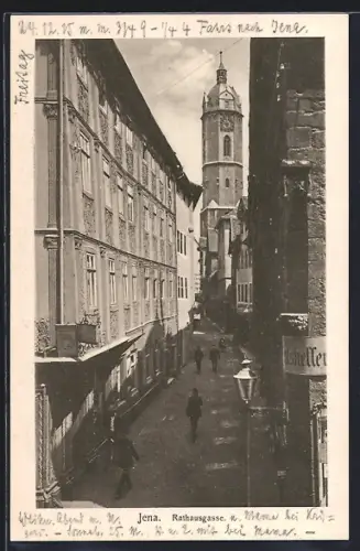 AK Jena, Rathausgasse mit Turm aus der Vogelschau