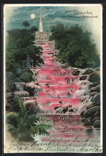 Lithographie Berlin-Kreuzberg, Wasserfall im Viktoria-Park bei elektrischer Beleuchtung