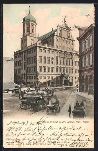AK Augsburg, Rathaus mit Standbild u. Strasse