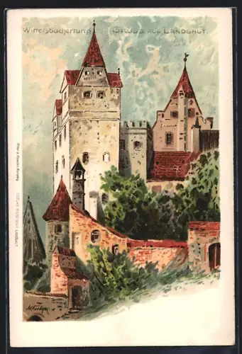 Künstler-AK Landshut / Isar, Wittelsbacherturm der Burg Trausnitz