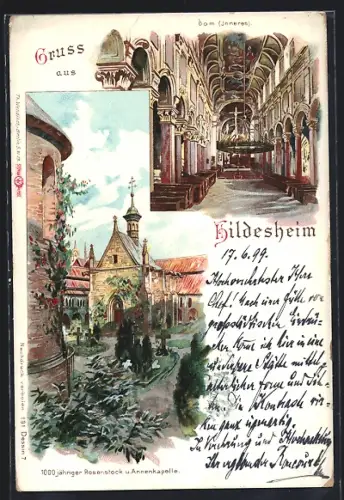 Lithographie Hildesheim, 1000 jähriger Rosenstock & Annenkapelle, Dom, Innenansicht