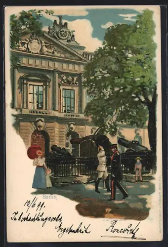 Lithographie Berlin, Partie an der Ruhmeshalle mit salutierenden Soldaten