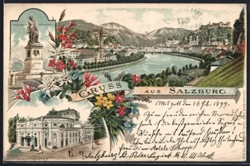 Lithographie Salzburg, Mozart-Denkmal., Stadttheater, Ortsansicht mit Fluss und Burg