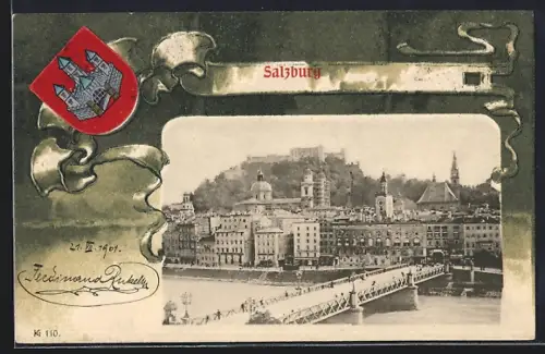 AK Salzburg, Totalansicht mit Brücke, Wappen