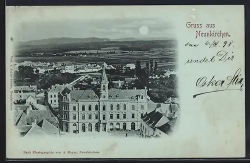 Mondschein-AK Neunkirchen, Panorama mit Strassenpartie