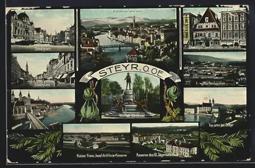 AK Steyr /O. Oe., Ehemaliges Löwengasthaus am Stadtplatz, Waffenfabriken, Kaiser Franz Josef-Artillerie-Kaserne