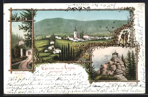 Lithographie Aigen /Ober Österreich, Bernstein, Calvarienberg