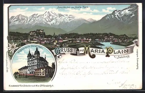 Lithographie Maria Plain b. Salzburg, Teilansicht, Wallfahrtskirche