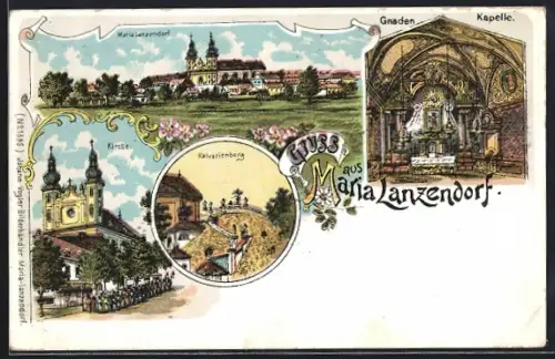 Lithographie Maria Lanzendorf, Ortspanorama, in der Gnadenkapelle, an der Kirche, am Kalvarienberg
