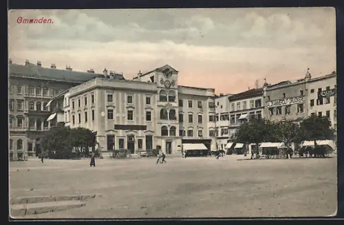 AK Gmunden, Marktplatz mit Druckerei und Cafe Brandl