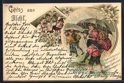 Lithographie Bozen, Leute bei Dauerregen auf einem Spaziergang