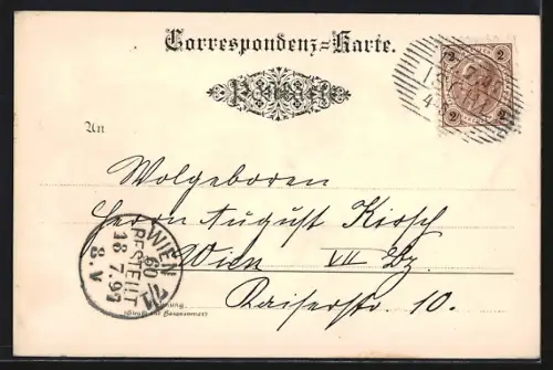 Lithographie Bozen, Leute bei Dauerregen auf einem Spaziergang