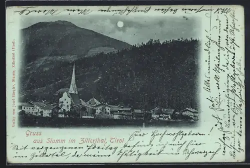 Mondschein-AK Stumm im Zillerthal, Teilansicht mit Kirche