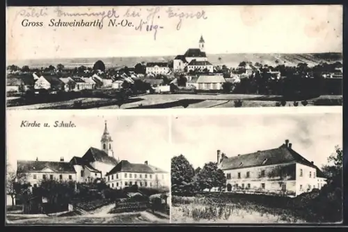 AK Schweinbarth /N.-Oe., Teilansicht, Kirche und Schule, Gebäudeansicht