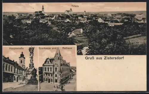 AK Zistersdorf, Sparkasse und Rathaus, Hauptstrasse, Totalansicht