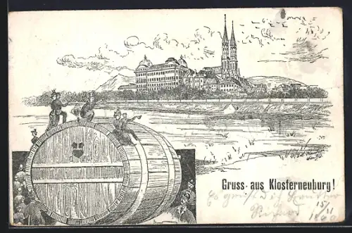 Lithographie Klosterneuburg, Kloster, Männlein auf Fass