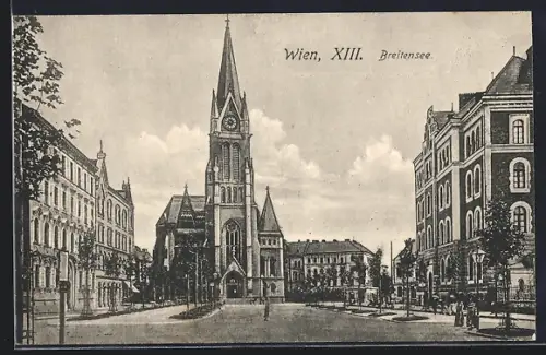 AK Wien, Breitensee, Strassenpartie mit Kirche