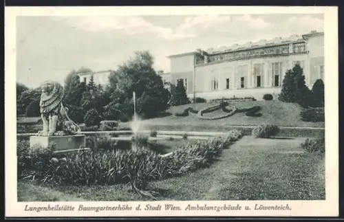 AK Wien, Baumgartnerhöhe, Lungenheilstätte der Stadt Wien, Ambulanzgebäude mit Löwenteich