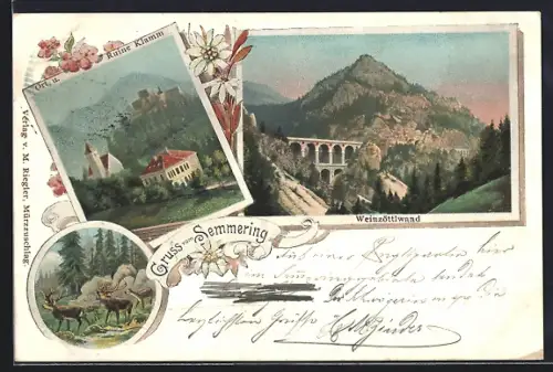 Lithographie Semmering, Ortsansicht und Ruine Klamm, Weinzöttlwand