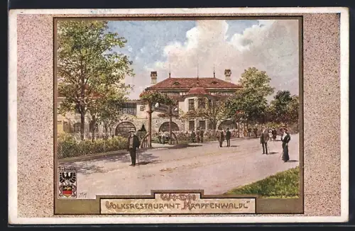 Künstler-AK Richard Moser: Wien, Volksrestaurant Krapfenwaldl, Aussenansicht