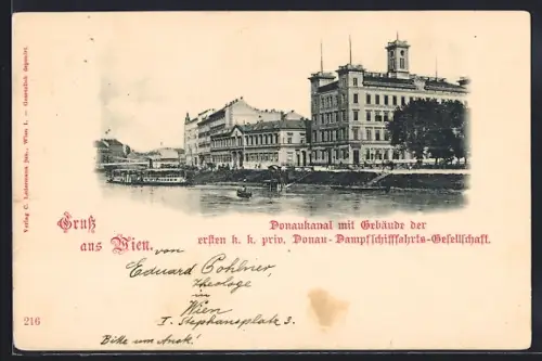 AK Wien, Donaukanal mit Gebäude der ersten k. k. priv. Donau-Dampfschifffahrts-Gesellschaft