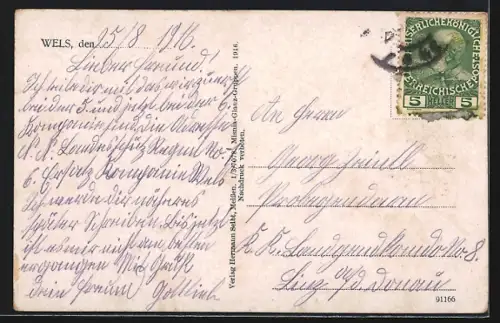 AK Wels, Kaiser Josef-Platz, Kaiser Wilhelm-Ring, Schmidtgasse, Ulanen-Kaserne, Stadtplatz, Dragoner-Kaserne, Welserin