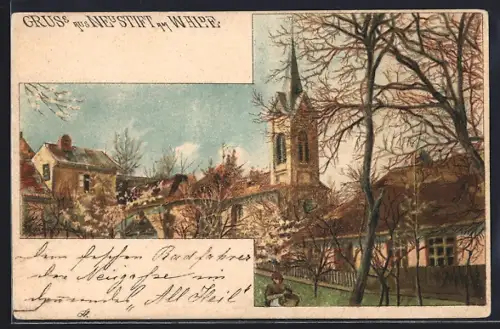 Lithographie Wien, Neustift am Walde, Ortspartie an der Kirche
