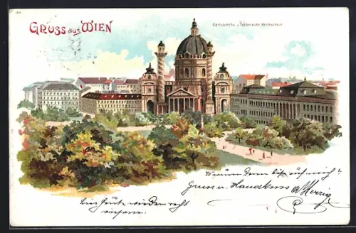 Lithographie Wien, Karlskirche und Technische Hochschule