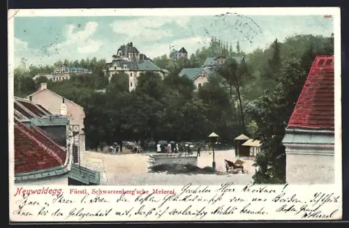 AK Neuwaldegg, Fürstl. Schwarzenbergsche Meierei, Hofansicht und Gebäudepanorama