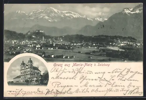AK Maria-Plain b. Salzburg, Ortsansicht mit Alpenkette