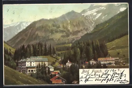 AK Bad Fusch, Ortsansicht aus der Vogelschau mit Bergblick
