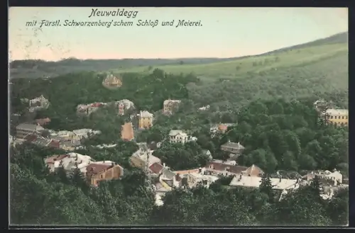 AK Neuwaldegg, Ortsansicht mit Fürstl. Schwarzenbergschem Schloss und Meierei