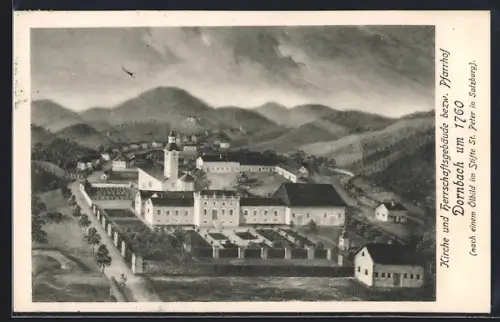 AK Dornbach, Kirche und Herrschaftsgebäude bzw. Pfarrhof um 1760