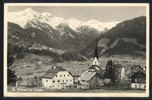 AK St. Michael im Lungau, Ortsansicht mit Kirche und Blick in die Alpen
