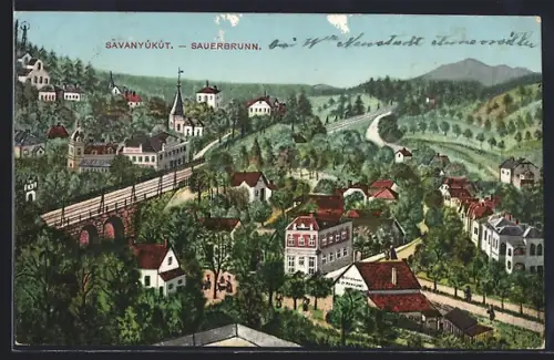 AK Sauerbrunn, Ortsansicht mit Brücke