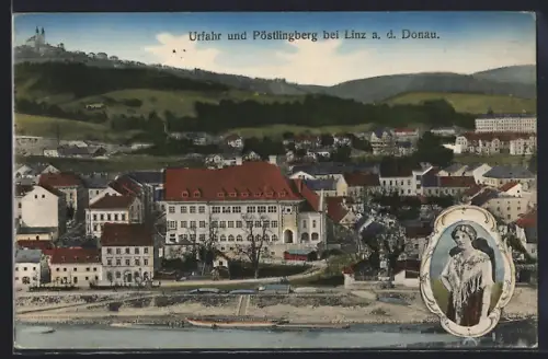 AK Urfahr bei Linz, Ortsansicht mit Blick nach Pöstlingsberg