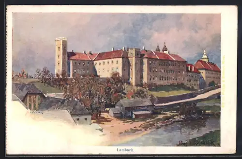 Künstler-AK Lambach, Blick zum Stift