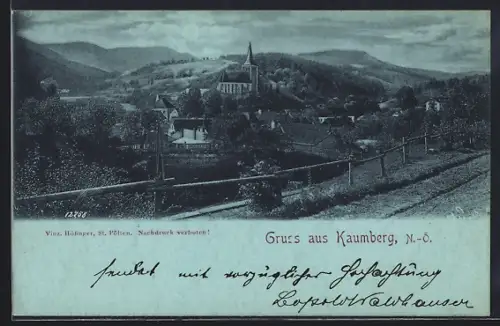 Mondschein-AK Kaumberg /N.-Ö., Teilansicht mit Blick zur Kirche