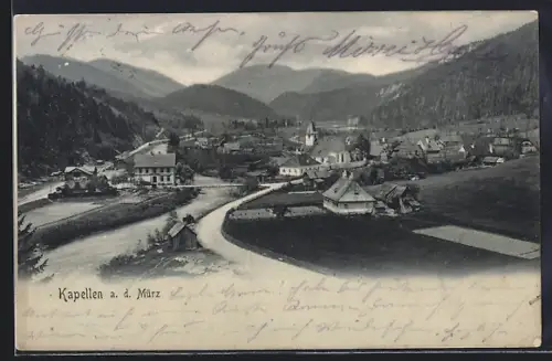AK Kapellen a. d. Mürz, Gesamtansicht mit Kirche, Berge