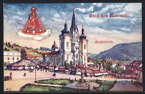 AK Mariazell, Gnadenkirche mit Brunnen