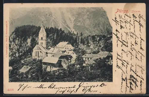 AK Pürgg, Teilansicht mit Kirche u. Bergen