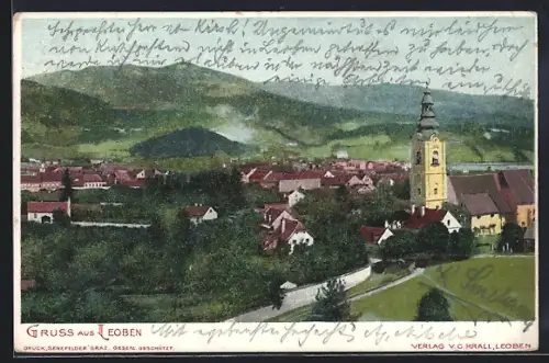 AK Leoben, Ortsansicht mit Turm aus der Vogelschau