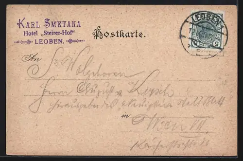 AK Leoben, Ortsansicht mit Turm aus der Vogelschau
