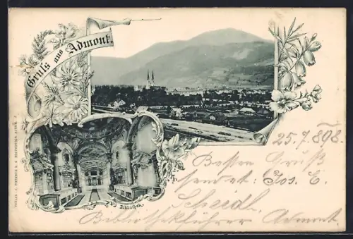 Passepartout-AK Admont, Inneres der Bibliothek, Ortsansicht aus der Vogelschau, Blumen